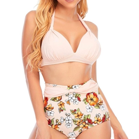 NWOT — Vintage Style Tropical Floral Bikini with Tie Halter Strap Size 12 - Picture 3 of 8